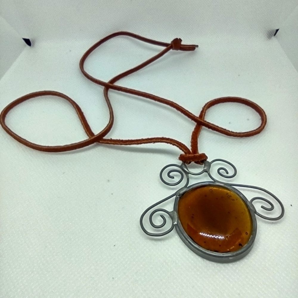 * Artisan made Amber Stained Glass Pendant Necklace